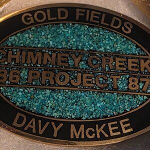 Vintage 1987 Metal Belt Buckle, Solid Brass, Blue Crushed Turquoise Stones, Gold